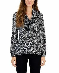 Kasper Women's Printed Tie V-Neck Ruffled Long-Sleeve Top