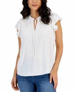 Style & Co Women's Woven Flutter-Sleeve Tie-Neck Top, Created For Macy's