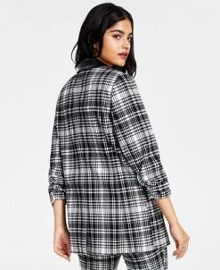 Bar III Women’s Plaid-Print Faux-Leather-Trim Blazer, Created For Macy’s -Anne Klein Sales Store 22337211 fpx