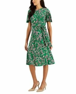 Kasper Printed Flutter-Sleeve Belted Dress 7 Kasper Printed Flutter-Sleeve Belted Dress -Anne Klein Sales Store 22343934 fpx