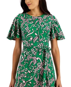 Kasper Printed Flutter-Sleeve Belted Dress 8 Kasper Printed Flutter-Sleeve Belted Dress -Anne Klein Sales Store 22343935 fpx