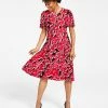 Kasper Printed Flutter-Sleeve Belted Dress