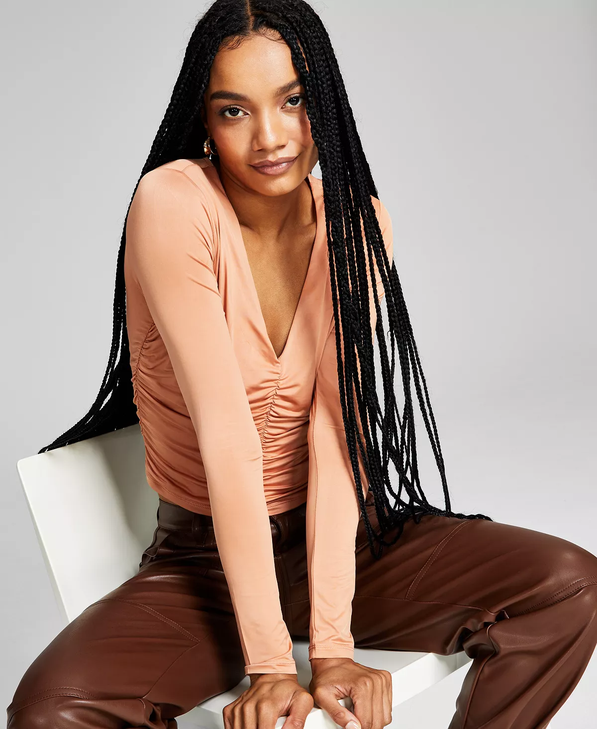 And Now This Women's Ruched Long-Sleeve V-Neck Knit Top 1 And Now This Women's Ruched Long-Sleeve V-Neck Knit Top