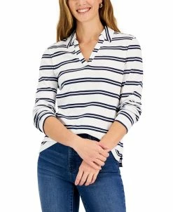 Charter Club Women's Striped Johnny-Collar Top, Created For Macy's