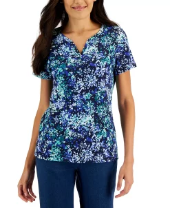Karen Scott Women's Short-Sleeve Floral-Print Henley Top, Created For Macy's -Anne Klein Sales Store 22346017 fpx