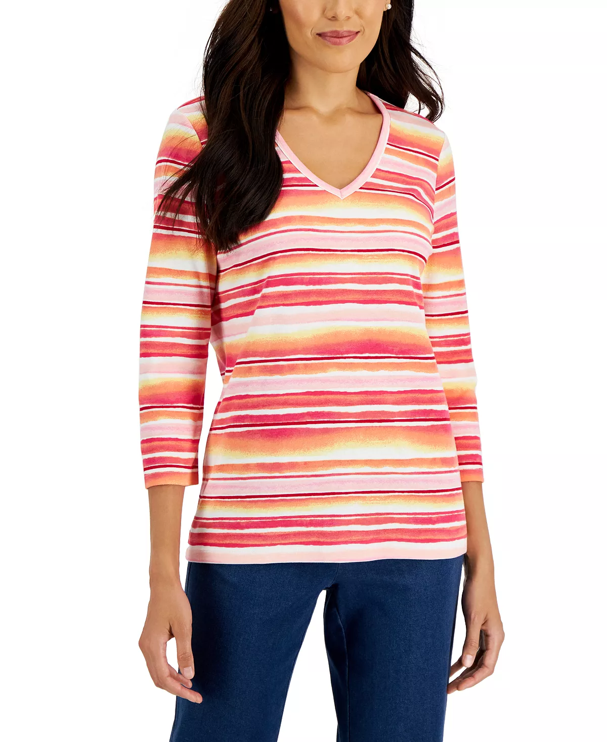 Karen Scott Women's Waterview-Stripe 3/4-Sleeve Top, Created For Macy's 1 Karen Scott Women's Waterview-Stripe 3/4-Sleeve Top, Created For Macy's