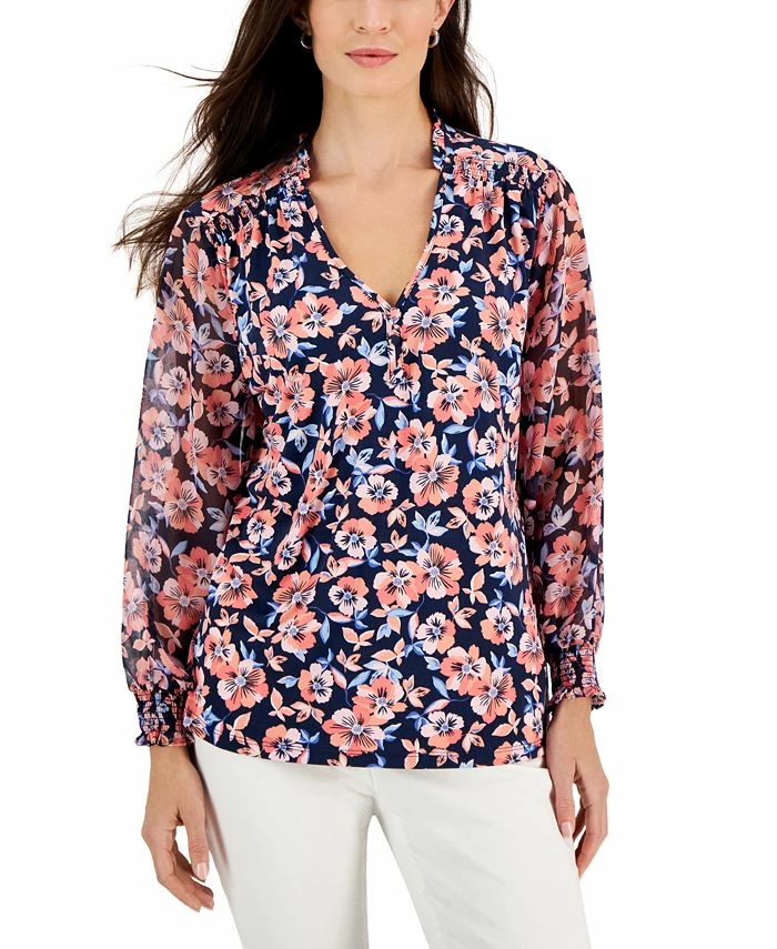 Charter Club Women's Floral Split-Neck Top, Created For Macy's 1 Charter Club Women's Floral Split-Neck Top, Created For Macy's