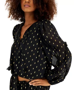 INC International Concepts Women's Long-Sleeve Metallic-Print Tie-Waist Blouse, Created For Macy's -Anne Klein Sales Store 22360906 fpx
