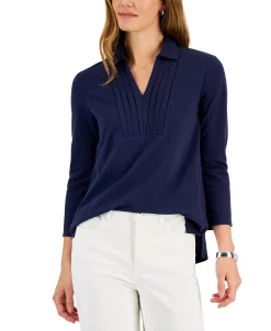 Charter Club Women's Piqué-Knit Pleated-Neck Top, Created For Macy's -Anne Klein Sales Store 22362014 fpx