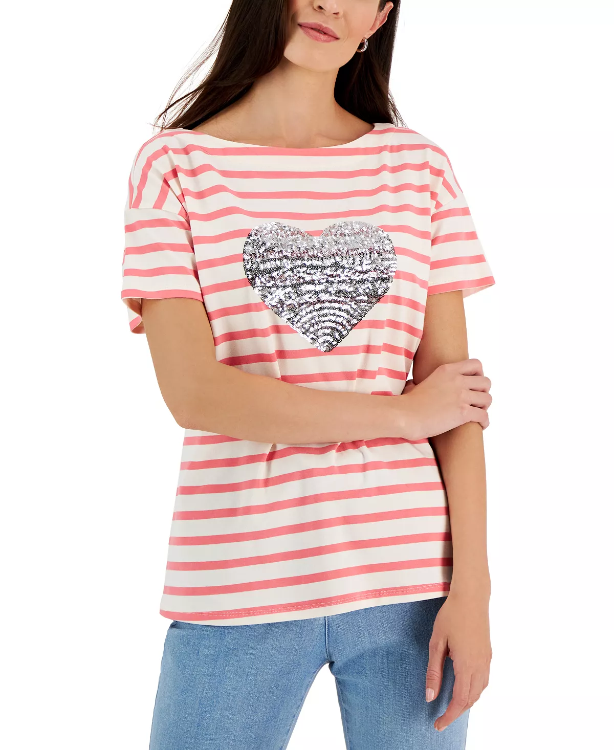Charter Club Women's Striped Heart-Print Knit Top, Created For Macy's 1 Charter Club Women's Striped Heart-Print Knit Top, Created For Macy's