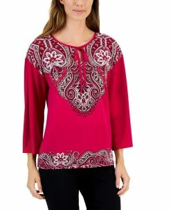 JM Collection Women's Printed Tie-Neck Top, Created For Macy's