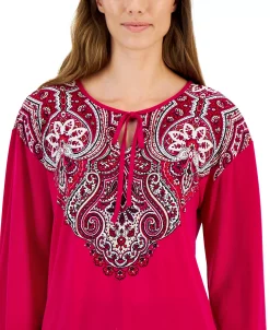 JM Collection Women's Printed Tie-Neck Top, Created For Macy's -Anne Klein Sales Store 22368376 fpx