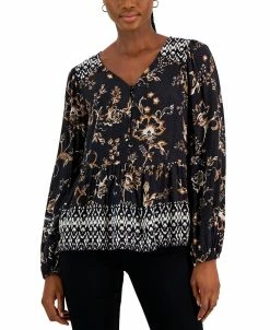 Style & Co Women's Printed V-Neck Peasant Top, Created For Macy's