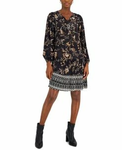 Style & Co Women's Printed V-Neck Peasant Dress, Created For Macy's