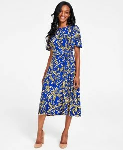 Kasper Printed Flutter-Sleeve Belted Dress