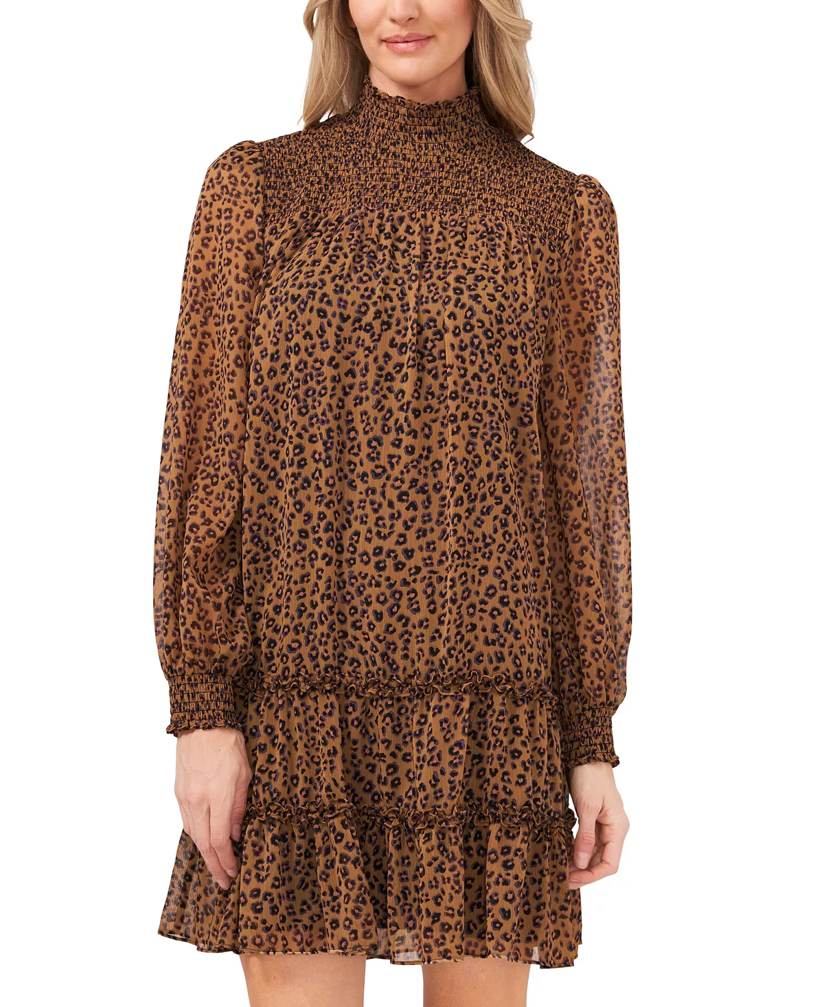 CeCe Women's Long Sleeve Smocked Leopard Dress 3 CeCe Women's Long Sleeve Smocked Leopard Dress - Image 3