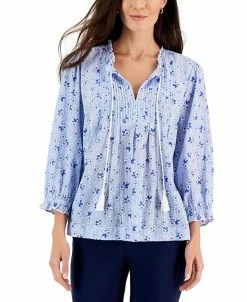 Charter Club Women's Floral Pleated-Yoke Peasant Top, Created For Macy's
