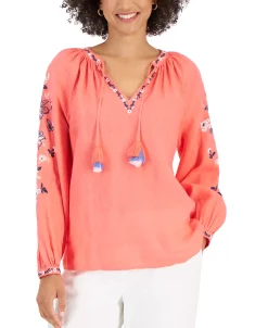 Charter Club Women's Linen Embroidered Peasant Top, Created For Macy's -Anne Klein Sales Store 22427875 fpx