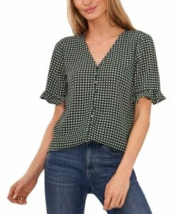 CeCe Women's Short Sleeve Button Front Blouse