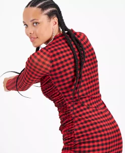 Bar III Women's Checkered Square-Neck Mesh-Overlay Ruched Mini Dress, Created For Macy's -Anne Klein Sales Store 22502623 fpx