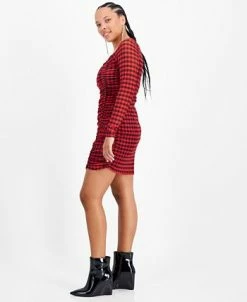 Bar III Women's Checkered Square-Neck Mesh-Overlay Ruched Mini Dress, Created For Macy's -Anne Klein Sales Store 22502625 fpx
