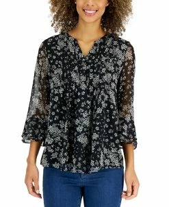 Charter Club Women's Printed Pintuck Ruffled-Sleeve Top, Created For Macy's