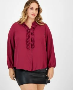 Bar III Plus Size Ruffled Split-Neck Blouse, Created For Macy's