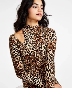 Bar III Women's Animal-Print Mock-Neck Long-Sleeve Crop Top, Created For Macy's -Anne Klein Sales Store 22555213 fpx