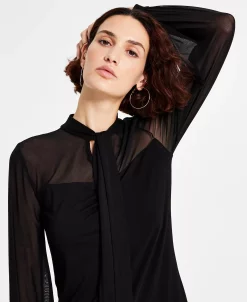 Bar III Women's Tie-Neck Mesh-Sleeve Top, Created For Macy's -Anne Klein Sales Store 22562854 fpx