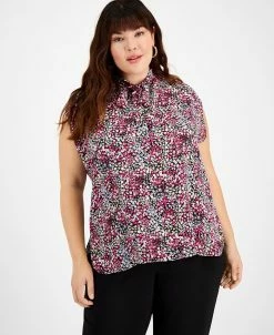 Bar III Plus Size Ditsy Floral-Print Tie-Neck Top, Created For Macy's