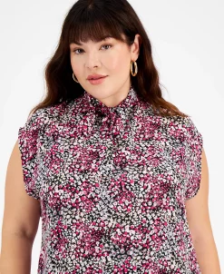 Bar III Plus Size Ditsy Floral-Print Tie-Neck Top, Created For Macy's -Anne Klein Sales Store 22564316 fpx