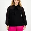 Bar III Plus Size Tie-Neck Mesh-Contrast Blouse, Created For Macy's