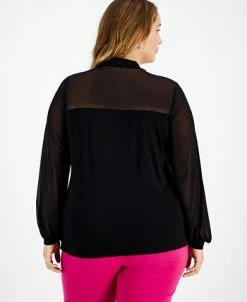Bar III Plus Size Tie-Neck Mesh-Contrast Blouse, Created For Macy's -Anne Klein Sales Store 22567312 fpx