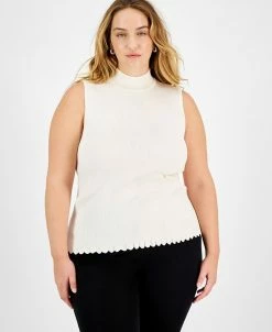 Bar III Plus Size Ribbed Sleeveless Mock-Neck Scalloped-Hem Top, Created For Macy's