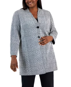 Kasper Plus Size Houndstooth-Plaid Two-Button Longline Blazer -Anne Klein Sales Store 22567615 fpx