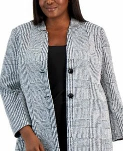Kasper Plus Size Houndstooth-Plaid Two-Button Longline Blazer -Anne Klein Sales Store 22567616 fpx