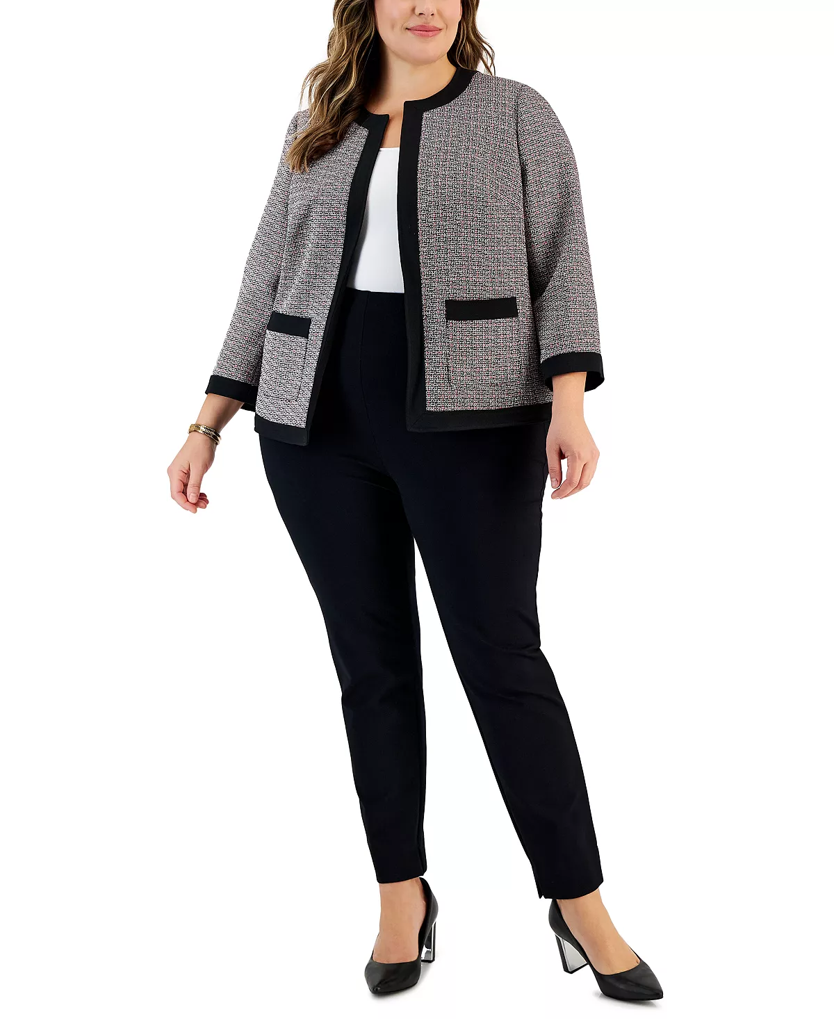 Kasper Plus Size Tweed Collarless 3/4-Sleeve Jacket 4 Kasper Plus Size Tweed Collarless 3/4-Sleeve Jacket - Image 4