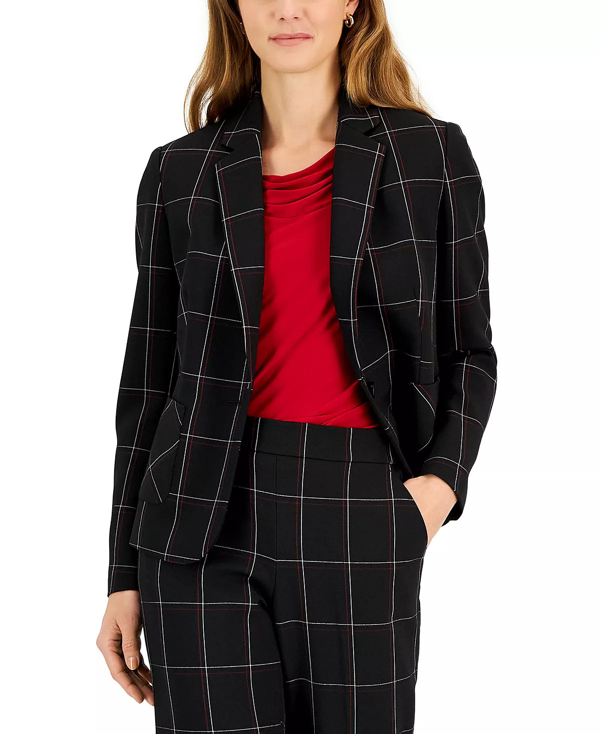 Kasper Women's Plaid One-Button Notched-Collar Jacket 1 Kasper Women's Plaid One-Button Notched-Collar Jacket