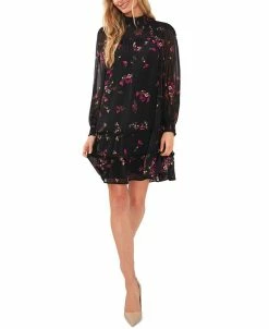 CeCe Women's Printed Long Sleeve Smocked Dress