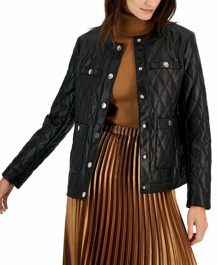 Anne Klein Women's Faux-Leather Quilted Snap Jacket 1 Anne Klein Women's Faux-Leather Quilted Snap Jacket