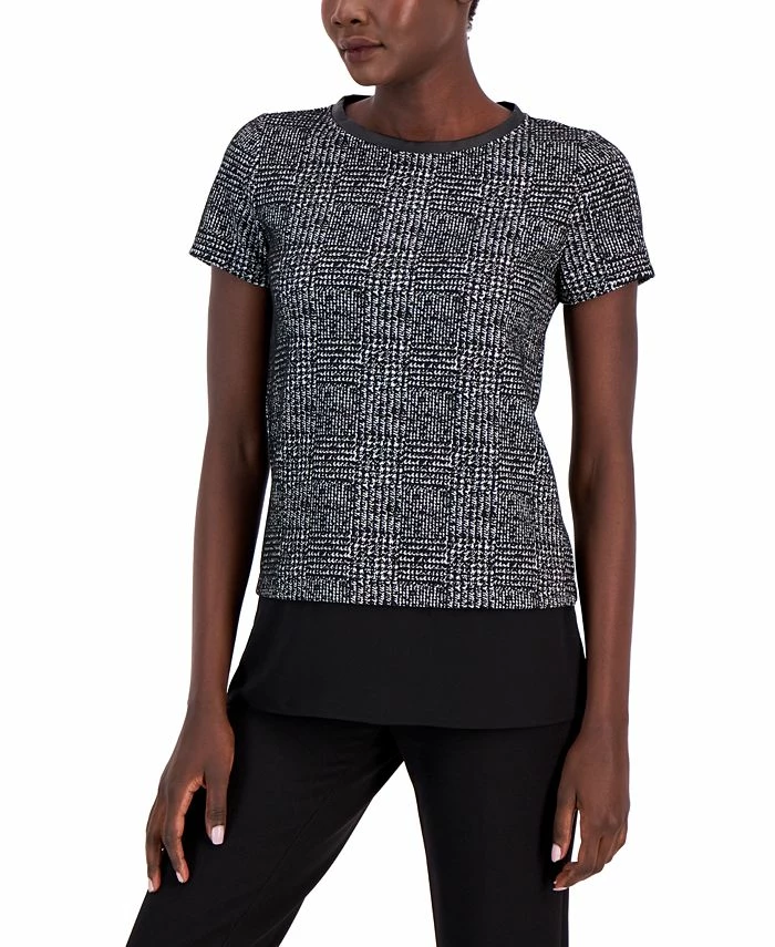 Anne Klein Women's Plaid Jacquard Short-Sleeve Top 1 Anne Klein Women's Plaid Jacquard Short-Sleeve Top