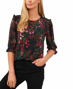 CeCe Women's Floral-Print 3/4-Sleeve Ruffle-Shoulder Top