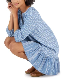 Style & Co Women's Printed Chambray Peasant Dress, Created For Macy's -Anne Klein Sales Store 22705022 fpx