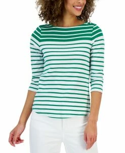 Charter Club Women's Striped Boat-Neck 3/4-Sleeve Top, Created For Macy's