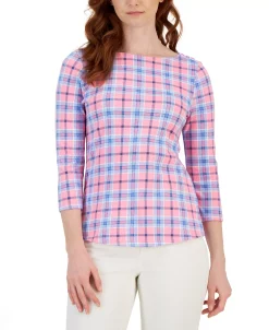 Charter Club Women's Plaid Boat-Neck 3/4-Sleeve Top, Created For Macy's -Anne Klein Sales Store 22722876 fpx