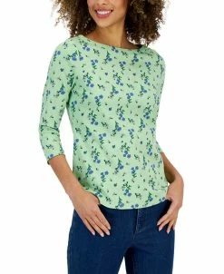 Charter Club Women's Floral Boat-Neck 3/4-Sleeve Top, Created For Macy's