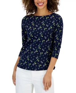 Charter Club Women's Floral Boat-Neck 3/4-Sleeve Top, Created For Macy's -Anne Klein Sales Store 22722884 fpx