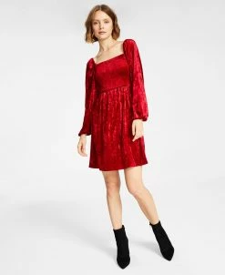 Bar III Women's Velvet Smocked Long-Sleeve Dress Created For Macy's
