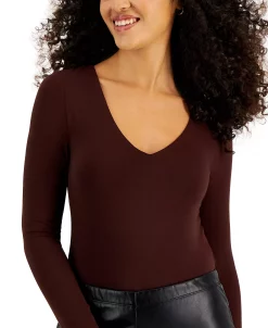 Bar III Women's Long-Sleeve V-Neck Snap-Close Bodysuit, Created For Macy's -Anne Klein Sales Store 22725419 fpx