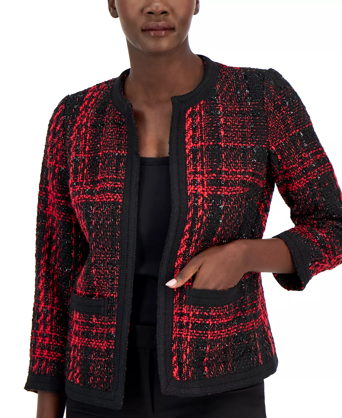 Anne Klein Women's Metallic-Tweed Open-Front Jacket 3 Anne Klein Women's Metallic-Tweed Open-Front Jacket - Image 3